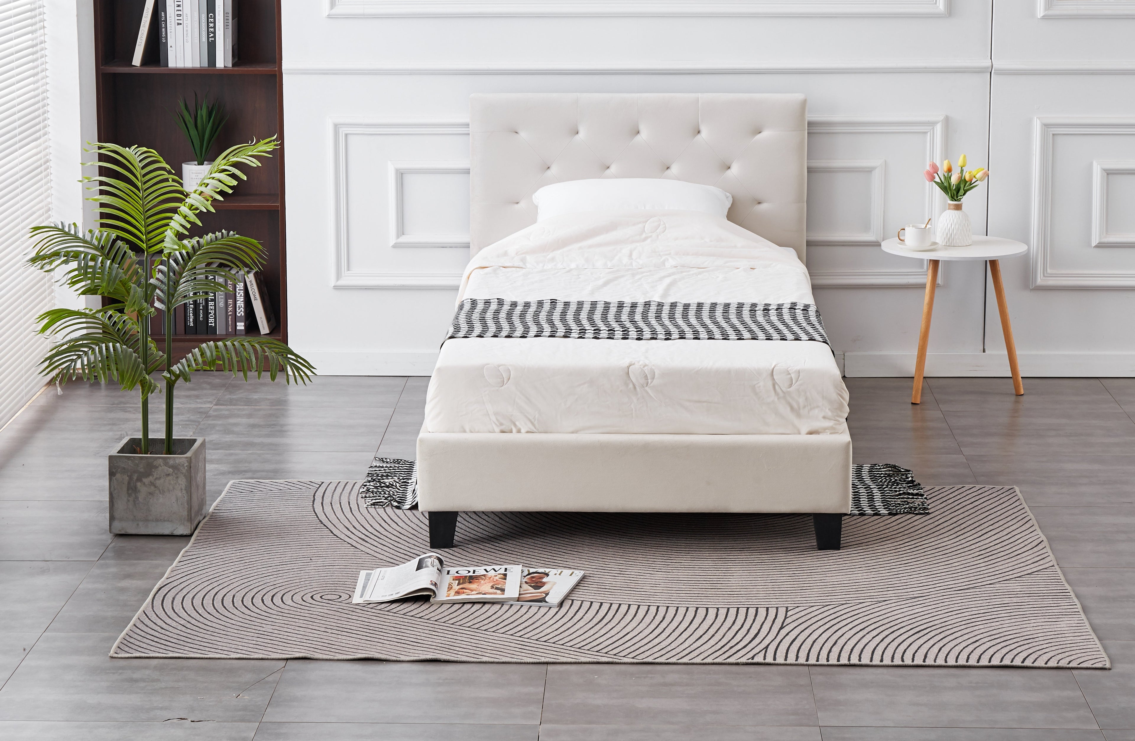Front view of Winston Velvet Tufted Bed in light grey with tufted headboard design.