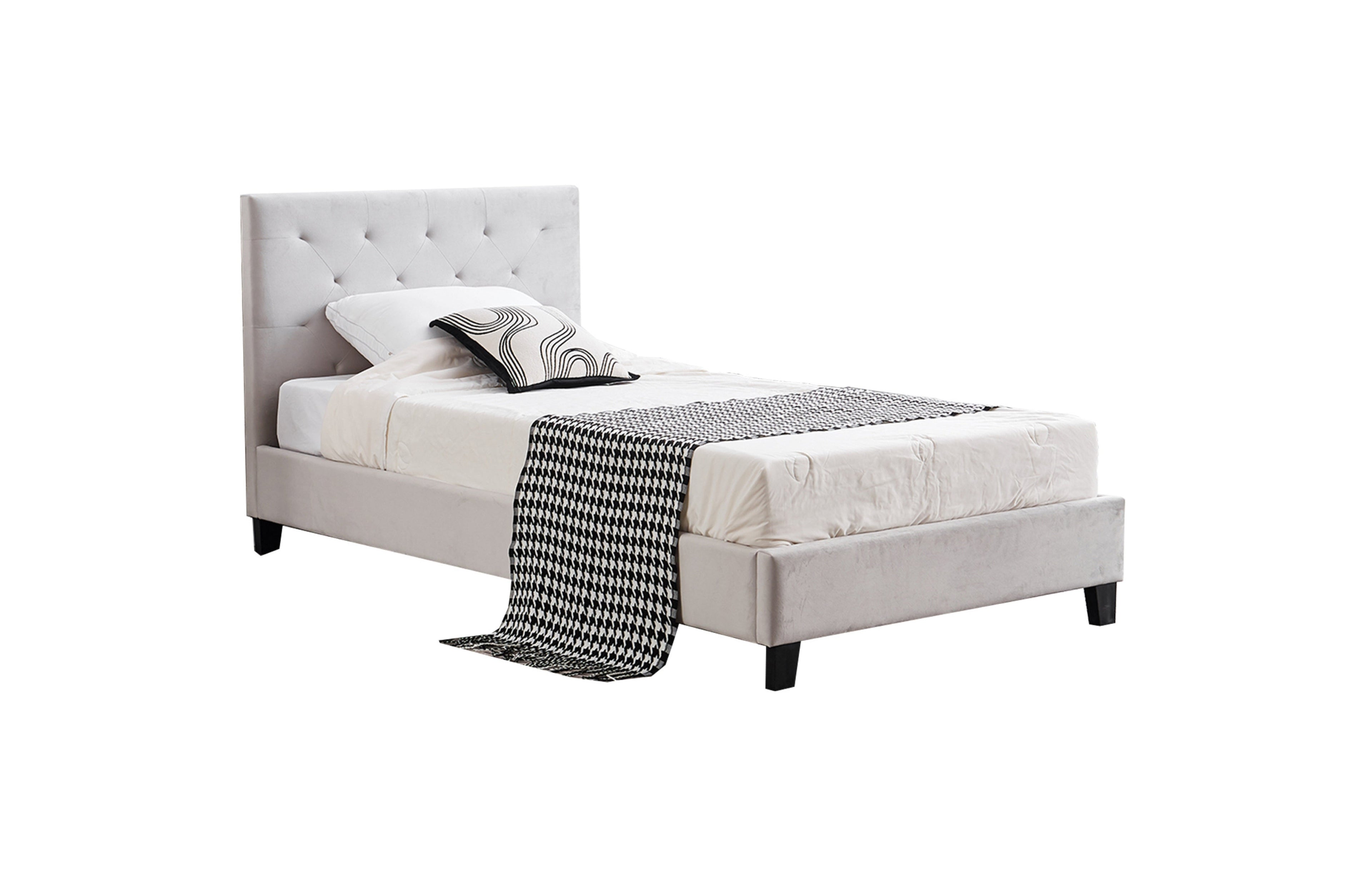 Winston Velvet Single Bed in light grey with tufted headboard and modern design.
